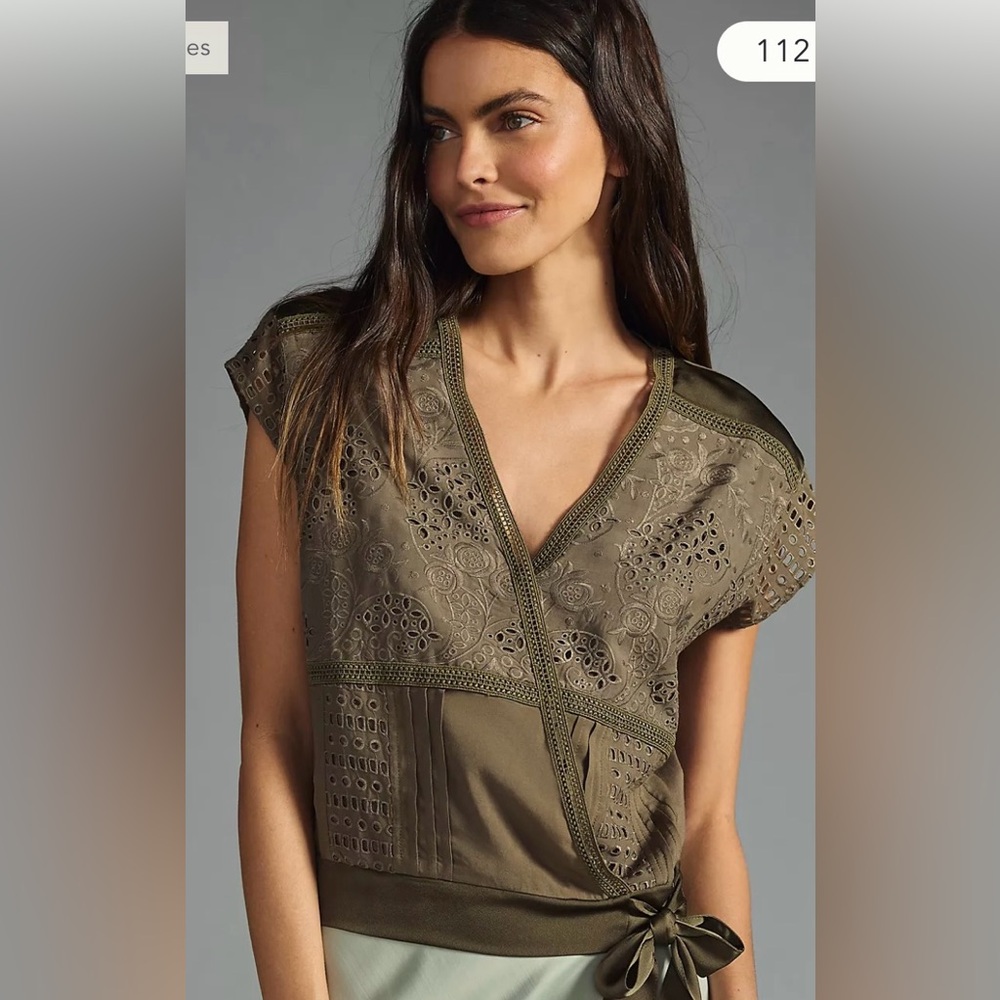 Anthropologie Olive Green Lace Wrap Top